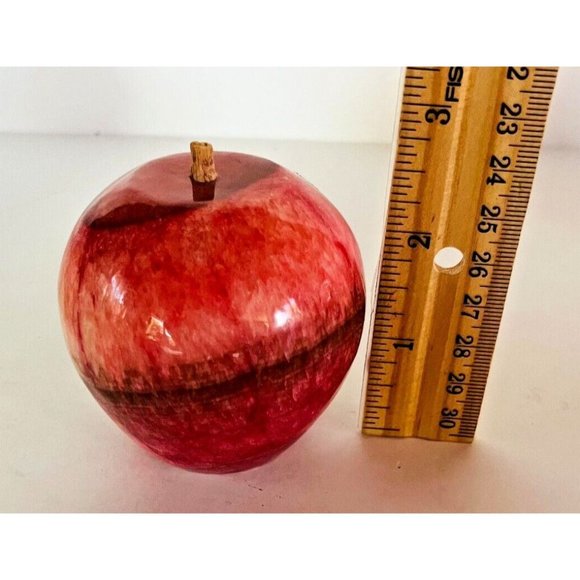 Antique Apple Italian Alabaster Stone Set of 2 Fruit Carved Marble 3" Woodstem - Picture 10 of 10